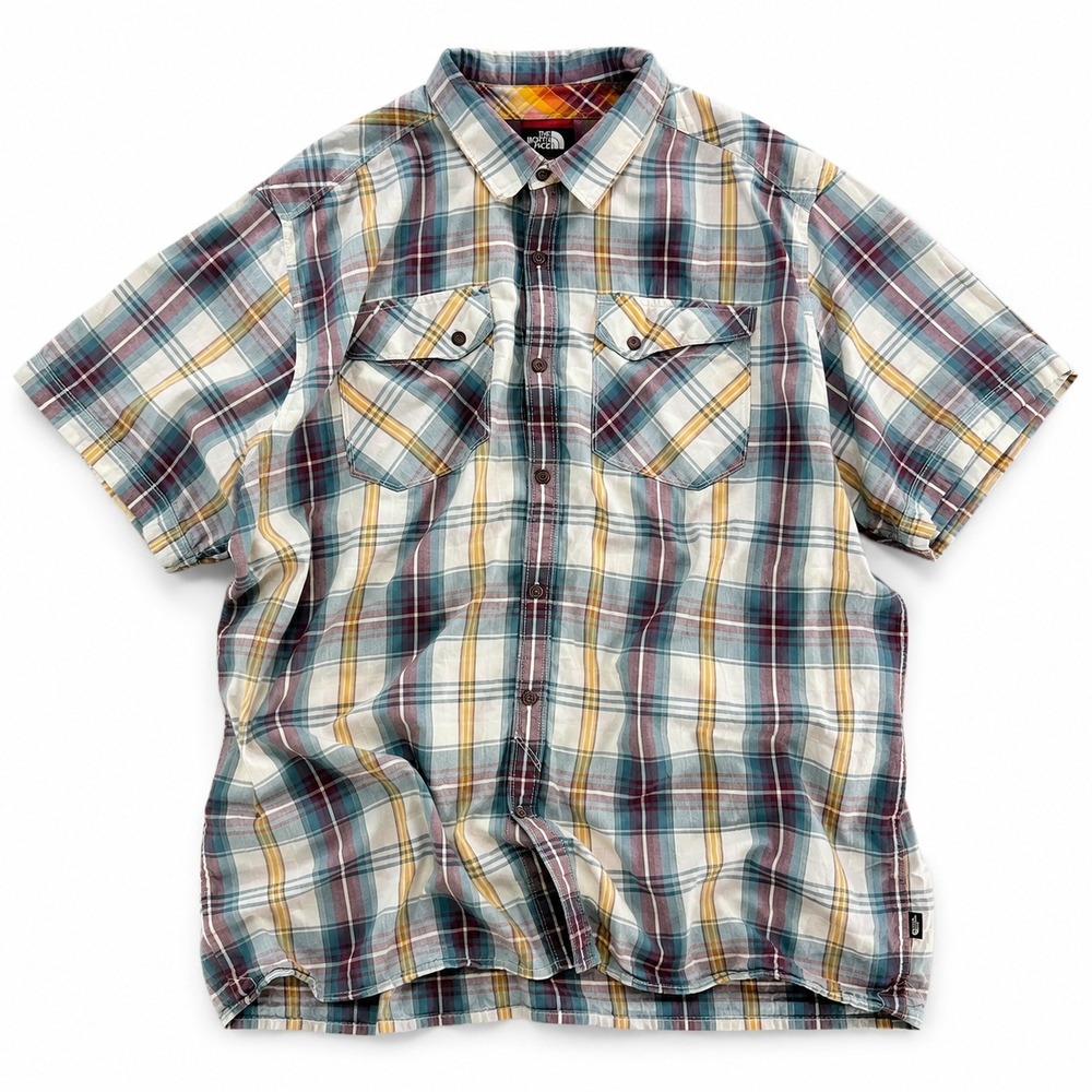 The North Face Mens XXL Plaid Polo Shirt Green Yellow Short Sleeve Cotton Blend